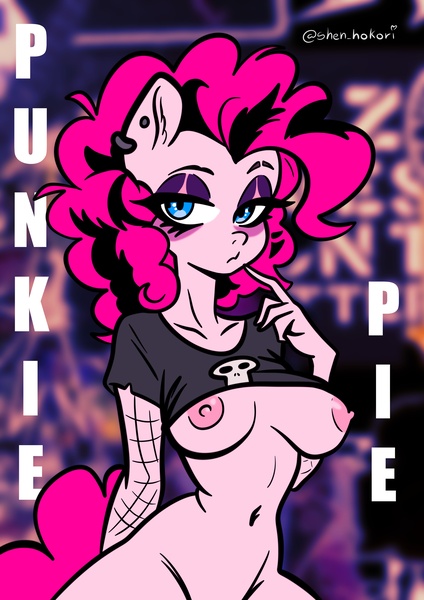 Size: 2896x4096 | Tagged: questionable, artist:shen_hokori, derpibooru import, pinkie pie, anthro, earth pony, g4, bottomless, breasts, clothes, eyebrows, female, high res, image, jpeg, nipples, nudity, partial nudity, punkie pie, raised eyebrow, shirt, shirt lift, solo, solo female, t-shirt