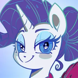 Size: 847x846 | Tagged: safe, artist:shen_hokori, derpibooru import, rarity, pony, unicorn, g4, alternate hairstyle, bust, clothes, dress, female, hair bun, horn, image, jpeg, looking at you, mare, portrait, smiling, solo