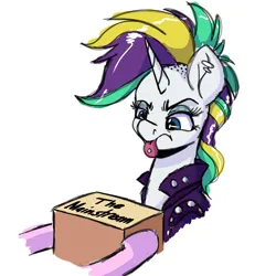 Size: 4000x4000 | Tagged: safe, artist:witchtaunter, derpibooru import, rarity, pony, unicorn, g4, it isn't the mane thing about you, alternate hairstyle, box, disgusted, female, hipster, horn, image, mare, my little pony, offscreen character, piercing, png, punk, raripunk, short hair, simple background, tongue out, tongue piercing, white background