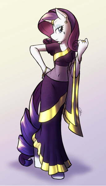 Size: 1870x3274 | Tagged: safe, artist:ketirz, derpibooru import, rarity, anthro, unguligrade anthro, unicorn, g4, belly, belly button, belly dancer, bracelet, clothes, dress, ear piercing, earring, female, gold, horn, horn ring, image, indian, indian pony, jewelry, piercing, png, ring, saree, sari, solo