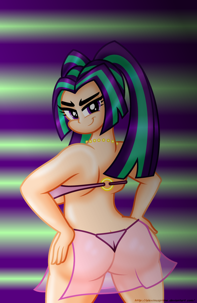 Size: 2500x3848 | Tagged: suggestive, artist:aleximusprime, derpibooru import, aria blaze, human, equestria girls, g4, arse-ia blaze, ass, belly dancer, breasts, busty aria blaze, butt, clothes, curvy, female, image, large butt, lidded eyes, looking at you, looking back, my little pony equestria girls: rainbow rocks, panties, png, rearboob, singing belly dancing rainbooms, solo, solo female, the ass was fat, thong, underwear, wide hips