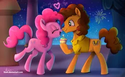 Size: 2000x1240 | Tagged: safe, artist:incinerater, artist:xzeit, derpibooru import, cheese sandwich, pinkie pie, earth pony, pony, g4, boop, cheesepie, collaboration, cupcake, female, fireworks, food, image, jpeg, male, marriage proposal, noseboop, rainbow cupcake, shipping, straight