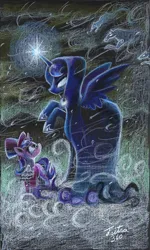 Size: 1622x2698 | Tagged: safe, artist:tsitra360, derpibooru import, princess luna, snowfall frost, spirit of hearth's warming yet to come, starlight glimmer, a hearth's warming tail, g4, blizzard, cloak, clothes, duo, glasses, glow, glowing eyes, glowing horn, hat, horn, image, my little pony, png, scene interpretation, signature, snow, snowfall, top hat, traditional art