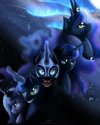 Size: 3200x4000 | Tagged: safe, artist:niegelvonwolf, derpibooru import, nightmare moon, princess luna, alicorn, pony, g4, angry, crying, female, image, lunar trinity, mare, nightmare luna, png, s1 luna, sad