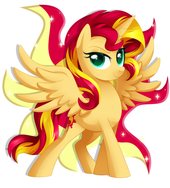 Size: 3000x3300 | Tagged: safe, artist:xnightmelody, derpibooru import, sunset shimmer, alicorn, pony, g4, alicornified, backwards cutie mark, cutie mark background, female, image, png, race swap, shimmercorn, simple background, smiling, smirk, solo, spread wings, sunshine shimmer, transparent background, wings