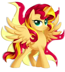 Size: 3000x3300 | Tagged: safe, artist:xnightmelody, derpibooru import, sunset shimmer, alicorn, pony, g4, alicornified, backwards cutie mark, cutie mark background, female, image, png, race swap, shimmercorn, simple background, smiling, smirk, solo, spread wings, sunshine shimmer, transparent background, wings