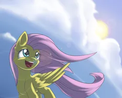 Size: 3000x2400 | Tagged: safe, artist:dusthiel, derpibooru import, fluttershy, pegasus, pony, g4, cloud, female, image, lens flare, mare, png, solo, sun