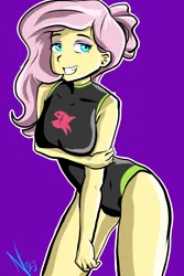Size: 2000x3000 | Tagged: safe, artist:nolyanimeid, derpibooru import, fluttershy, human, equestria girls, g4, beach shorts swimsuit, breasts, busty fluttershy, clothes, female, fluttershy's beach shorts swimsuit, fluttershy's one-piece swimsuit, image, jpeg, looking at you, one-piece swimsuit, purple background, simple background, smiling, smiling at you, solo, swimsuit