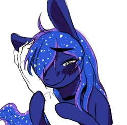 Size: 785x773 | Tagged: safe, artist:anonymous, derpibooru import, princess luna, ponified, pony, g4, big ears, blushing, drawthread, duo, female, hand, image, mare, missing horn, offscreen character, offscreen human, png, requested art, simple background, white background