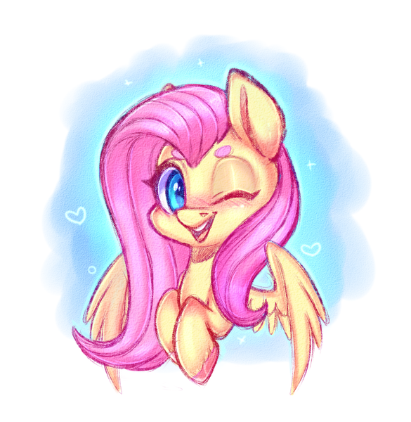 Size: 2496x2560 | Tagged: safe, artist:pinipy, derpibooru import, fluttershy, pegasus, pony, g4, blushing, cute, eyebrows, female, heart, hoof fluff, image, mare, one eye closed, png, shyabetes, simple background, solo, spread wings, unshorn fetlocks, white background, wings, wink