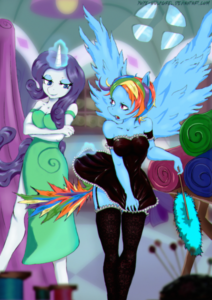 Size: 2893x4092 | Tagged: suggestive, artist:yoye-wolfgrel, derpibooru import, rainbow dash, rarity, anthro, g4, breasts, clothes, dress, duster, female, garter belt, garters, image, implied lesbian, implied raridash, implied shipping, magic, magic abuse, maid, png, rainbow dash always dresses in style, skirt, skirt lift, skirt pull, socks, stockings, thigh highs