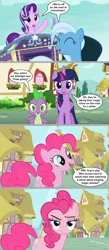 Size: 1136x2609 | Tagged: safe, artist:silverbuller, derpibooru import, screencap, pinkie pie, spike, starlight glimmer, trixie, twilight sparkle, twilight sparkle (alicorn), alicorn, dragon, earth pony, pony, unicorn, g4, breaking the fourth wall, comic, eyes closed, female, horn, image, jpeg, lidded eyes, looking at you, mare, outdoors, ponyville, smiling, trixie's wagon, wagon