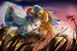 Size: 1417x945 | Tagged: safe, artist:cigarscigarettes, derpibooru import, applejack, rainbow dash, earth pony, pegasus, pony, g4, appledash, blushing, colored wings, crying, female, image, jewelry, large wings, lesbian, mare, marriage proposal, multicolored wings, png, rainbow feathers, rainbow wings, ring, shipping, spread wings, unshorn fetlocks, wings