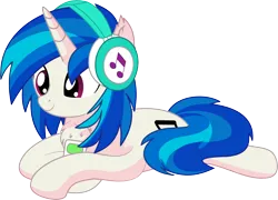 Size: 7599x5474 | Tagged: safe, artist:cyanlightning, derpibooru import, vinyl scratch, pony, unicorn, g4, .svg available, chest fluff, ear fluff, female, headphones, holding, horn, image, lying down, mare, mp3 player, png, prone, simple background, solo, transparent background, vector