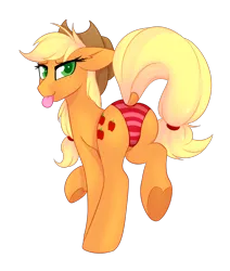 Size: 3510x4144 | Tagged: suggestive, artist:scarlet-eclipse, artist:scarlet-spectrum, derpibooru import, applejack, earth pony, pony, g4, :p, applebutt, butt, clothes, dock, female, freckles, hat, heart, hoof heart, image, looking at you, looking back, looking back at you, mare, panties, png, simple background, solo, solo female, striped underwear, tail, tongue out, transparent background, underhoof, underwear