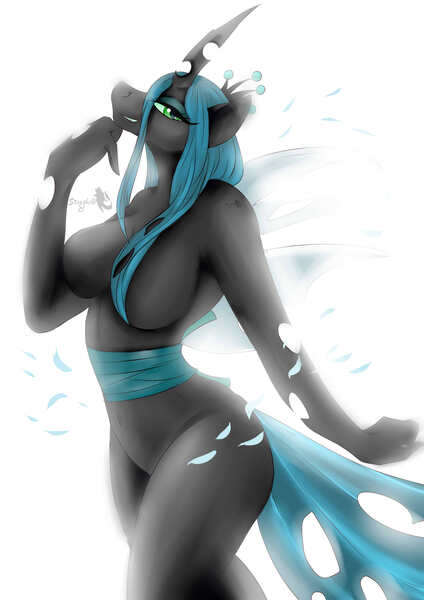 Size: 2893x4092 | Tagged: suggestive, artist:xstarshellx, derpibooru import, queen chrysalis, anthro, changeling, pony, g4, armpits, breasts, busty queen chrysalis, featureless breasts, female, image, jpeg, mare, nudity, solo, solo female