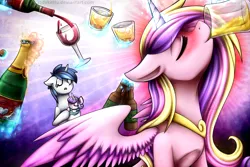 Size: 1080x720 | Tagged: safe, artist:jadekettu, derpibooru import, princess cadance, princess flurry heart, shining armor, alicorn, pony, g4, alcohol, baby, baby pony, beer, blushing, champagne, drink, drinking, drunk, drunk cadance, drunk princess, eyes closed, glass, human shoulders, ice, image, open mouth, png, ribcage, shot glass, sleeping, wine