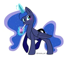 Size: 1920x1571 | Tagged: safe, artist:riouku, derpibooru import, princess luna, alicorn, pony, g4, blushing, bubble tea, cute, drink, drinking, female, image, lunabetes, magic, mare, png, simple background, solo, straw, telekinesis, white background