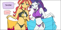 Size: 1540x749 | Tagged: suggestive, artist:haibaratomoe, derpibooru import, edit, rarity, sunset shimmer, equestria girls, g4, belly, belly button, blushing, clothes, confident, embarrassed, exposed, female, females only, geode of empathy, geode of shielding, hesitant, image, lidded eyes, looking at you, looking away, magical geodes, my little pony equestria girls: better together, one eye closed, png, rarity's purple bikini, sarong, simple background, sunset shimmer's beach shorts swimsuit, sweat