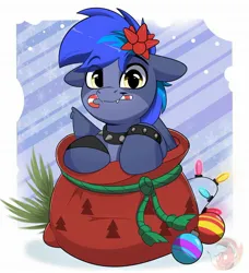 Size: 1822x1999 | Tagged: safe, artist:joaothejohn, derpibooru import, oc, oc:proofy, unofficial characters only, pegasus, pony, candy, candy cane, christmas, christmas lights, christmas ornament, commission, cute, decoration, floppy ears, food, holiday, image, jpeg, looking at you, pegasus oc, santa sack, simple background, text, wings, your character here