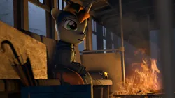 Size: 1920x1080 | Tagged: safe, artist:retro0range, derpibooru import, oc, oc:littlepip, fallout equestria, 3d, campfire, chair, clothes, image, jacket, overalls, pipbuck, png, solo, suit, train, umbrella, wagon, window