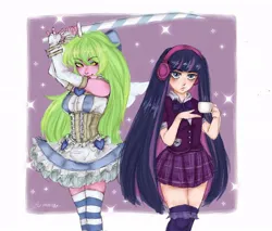 Size: 750x640 | Tagged: safe, artist:l3montina, derpibooru import, lemon zest, human, equestria girls, g4, clothes, clothes swap, crystal prep academy uniform, cup, duo, female, headphones, holiday, image, jpeg, panty and stocking with garterbelt, school uniform, signature, socks, stockings, sword, teacup, thigh highs, weapon