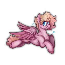 Size: 2300x2300 | Tagged: safe, artist:molars, derpibooru import, oc, oc:love letter, unofficial characters only, pegasus, pony, blue eyes, commission, curly mane, femboy, feminine stallion, full body, heart, image, looking at you, lying down, male, pink fur, png, simple background, smiling, stallion, transparent background, unshorn fetlocks