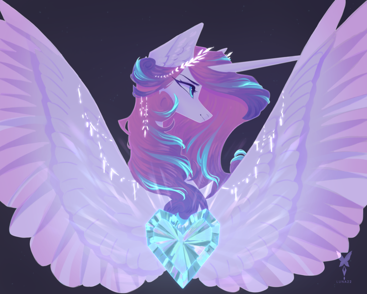 Size: 5000x4000 | Tagged: safe, artist:alisaluna22, derpibooru import, princess flurry heart, alicorn, pony, crystal heart, female, image, mare, older, older flurry heart, png, signature, simple background, solo, spread wings, wings