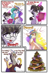 Size: 3780x5762 | Tagged: safe, artist:yuris, derpibooru import, amethyst star, berry punch, berryshine, cheerilee, daybreaker, discord, fleur-de-lis, mayor mare, princess celestia, raven, twilight velvet, upper crust, oc, unofficial characters only, alicorn, bat pony, earth pony, pony, unicorn, g4, alternate hairstyle, angry, background pony, ball, bat pony oc, bat wings, bauble, butt, christmas, christmas ornament, christmas tree, comic, cute, decoration, dialogue, eye clipping through hair, female, fiery mane, food, frog (hoof), garland, glass, glasses, holiday, horn, image, jewelry, looking at you, looking back, magic, male, mare, micro, mouth hold, open mouth, paws, png, regalia, simple background, sitting, smiling, solo, telekinesis, transformation, tree, underhoof, white background, wings