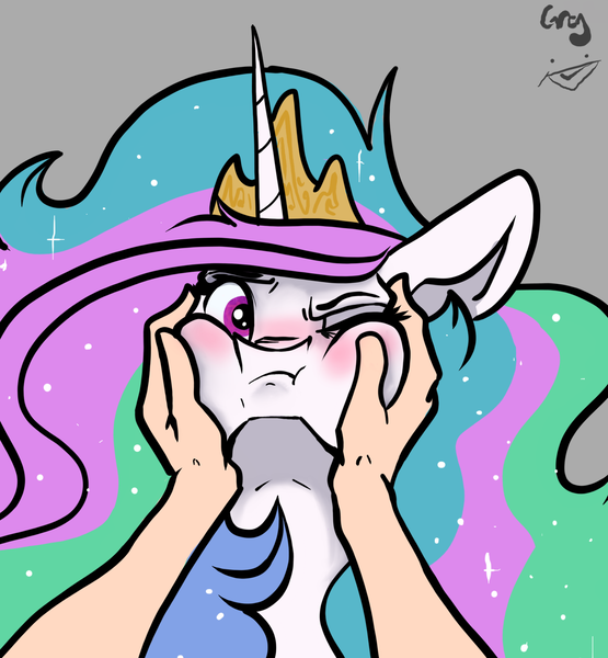 Size: 1452x1569 | Tagged: dead source, safe, artist:greyscaleart, derpibooru import, princess celestia, alicorn, human, pony, g4, :t, annoyed, blushing, bust, cheek squish, crown, cute, cutelestia, ethereal mane, female, floppy ears, frown, gray background, greyscaleart is trying to murder us, image, jewelry, looking at you, majestic as fuck, mare, messy mane, offscreen character, one eye closed, png, pov, puffy cheeks, regalia, rubbing, signature, simple background, solo focus, sparkles, sparkly mane, squishy cheeks, starry mane, sweet dreams fuel, this will end in death, this will end in tears, this will end in tears and/or a journey to the moon, this will end in tears and/or death, this will end well, wide eyes, wink