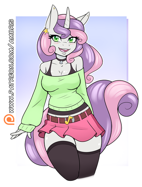 Size: 1890x2490 | Tagged: safe, artist:ambris, derpibooru import, sweetie belle, anthro, unicorn, g4, adorasexy, adult, beautiful, beautisexy, bell, bell choker, belt, blushing, bra, breasts, busty sweetie belle, choker, cleavage, clothes, curvy, cute, diasweetes, ear piercing, earring, eyelashes, eyeshadow, female, green eyes, happy, horn, image, jewelry, looking at you, makeup, midriff, miniskirt, moe, off shoulder, off shoulder sweater, older, older sweetie belle, patreon, patreon logo, piercing, png, reasonably sized breasts, sexy, shoulderless, simple background, skindentation, skirt, smiling, socks, solo, stockings, sweater, sweater belle, tanktop, teenager, thigh highs, thighs, underwear, wall of tags, wide hips, zettai ryouiki