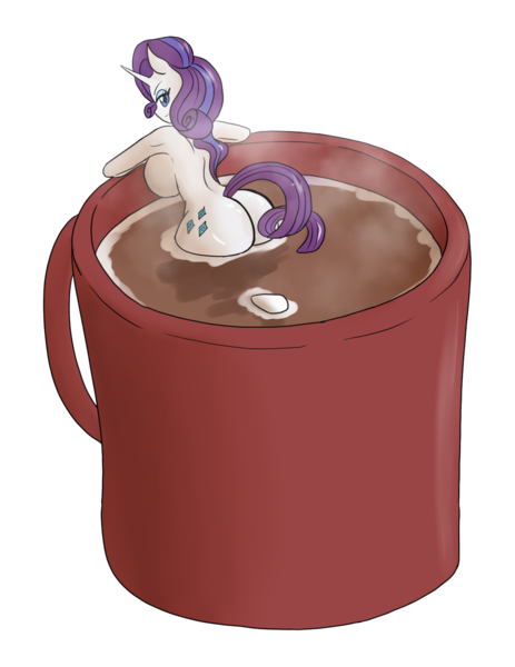 Size: 1080x1400 | Tagged: questionable, artist:mythkaz, derpibooru import, rarity, anthro, unicorn, g4, ass, big breasts, breasts, busty rarity, butt, chocolate, female, food, horn, hot chocolate, image, looking back, marshmallow, miniature, nudity, png, rarity is a marshmallow, simple background, smiling, solo, solo female, transparent background