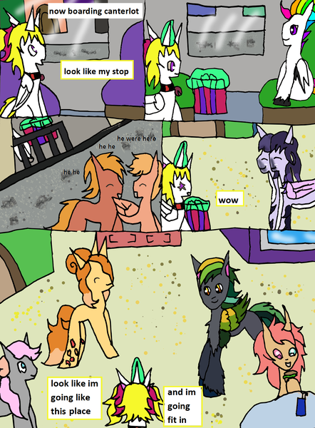 Size: 1246x1690 | Tagged: safe, artist:ask-luciavampire, derpibooru import, oc, oc:cinnamon vanilla melody, oc:drive, oc:ellen mina, oc:terra, alicorn, earth pony, pegasus, pony, unicorn, canterlot, changeling hybrid, comic, comic page, dragon hybrid, horn, image, multiple heads, png, tumblr, tumblr:ask-myth-melody-ponys, two heads