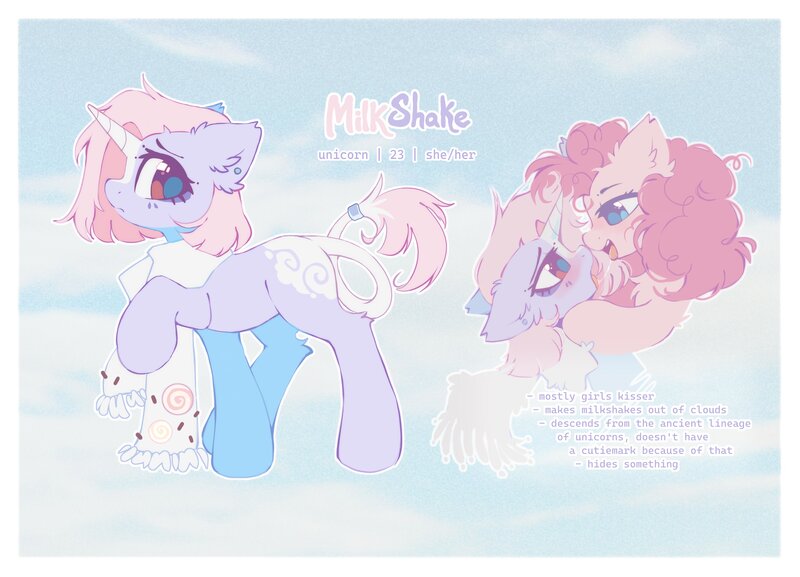 Size: 3700x2670 | Tagged: safe, artist:mirtash, derpibooru import, pinkie pie, oc, oc:milkshake (mirtash), pony, unicorn, g4, artificial wings, augmented, bags under eyes, big eyes, blank flank, blaze (coat marking), blue eyes, blue pupils, blue sky, blushing, brown eyes, canon x oc, clothes, coat markings, colored eyelashes, colored horn, colored pupils, curly mane, day, drool, drool string, ear fluff, ear piercing, earring, eyelashes, facial markings, female, female oc, frown, high res, hock fluff, hoof under chin, horn, image, jewelry, jpeg, lavender coat, leonine tail, lesbian, lidded eyes, looking at each other, looking at someone, looking back, magic, magic wings, mare, mare oc, open mouth, open smile, piercing, pink coat, pink mane, pink tail, profile, purple coat, purple eyelashes, purple text, raised hoof, reference sheet, scarf, shiny eyes, short mane, sky background, smiling, smiling at someone, solo focus, standing, standing on three hooves, tail, text, thin tail, tongue out, two toned tail, unicorn horn, unicorn oc, white scarf, wings