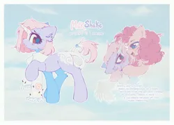 Size: 3700x2670 | Tagged: safe, artist:mirtash, derpibooru import, pinkie pie, oc, oc:milkshake (mirtash), pony, unicorn, g4, artificial wings, augmented, bags under eyes, big eyes, blank flank, blaze (coat marking), blue eyes, blue pupils, blue sky, blushing, brown eyes, canon x oc, clothes, coat markings, colored eyelashes, colored horn, colored pupils, curly mane, day, drool, drool string, ear fluff, ear piercing, earring, eyelashes, facial markings, female, female oc, frown, high res, hock fluff, hoof under chin, horn, image, jewelry, jpeg, lavender coat, leonine tail, lesbian, lidded eyes, looking at each other, looking at someone, looking back, magic, magic wings, mare, mare oc, open mouth, open smile, piercing, pink coat, pink mane, pink tail, profile, purple coat, purple eyelashes, purple text, raised hoof, reference sheet, scarf, shiny eyes, short mane, sky background, smiling, smiling at someone, solo focus, standing, standing on three hooves, tail, text, thin tail, tongue out, two toned tail, unicorn horn, unicorn oc, white scarf, wings