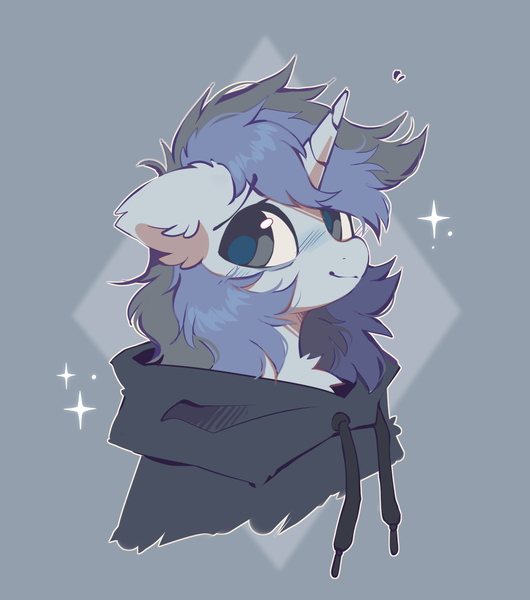 Size: 1354x1534 | Tagged: safe, artist:mirtash, derpibooru import, oc, oc:fef, unofficial characters only, pony, unicorn, bags under eyes, blue blush, blue coat, blue pupils, blush lines, blushing, bust, chest fluff, clothes, colored pupils, ear fluff, emanata, eyebrows, eyebrows visible through hair, floppy ears, fluffy, fluffy mane, gray eyes, gray hoodie, hoodie, horn, image, lidded eyes, light blue coat, long mane, long mane male, looking back, male, male oc, outline, passepartout, png, ponysona, shaggy mane, shiny eyes, shiny mane, smiling, solo, sparkles, stallion, stallion oc, three quarter view, two toned mane, unicorn horn, unicorn oc