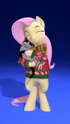 Size: 2160x3840 | Tagged: safe, artist:owlpirate, derpibooru import, fluttershy, cat, pegasus, pony, g4, 3d, 4k, bipedal, christmas, christmas sweater, clothes, cute, daaaaaaaaaaaw, eyes closed, female, gradient background, high res, holiday, hug, image, mare, png, shyabetes, smiling, solo, source filmmaker, sweater