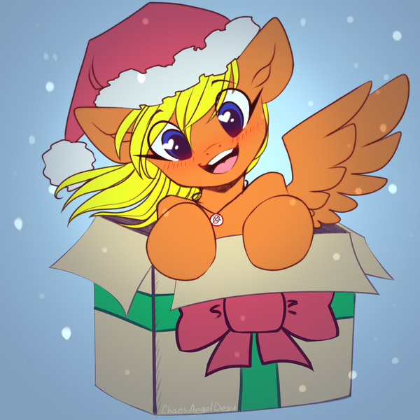 Size: 3000x3000 | Tagged: safe, artist:chaosangeldesu, derpibooru import, oc, unofficial characters only, pegasus, pony, blushing, box, christmas, commission, cute, female, hat, holiday, image, jpeg, looking at you, mare, santa hat, sketch, smiling, smiling at you, snow, solo, ych result