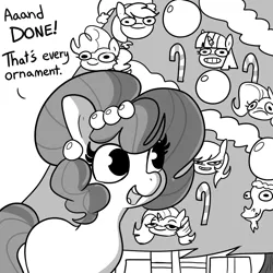 Size: 1500x1500 | Tagged: safe, artist:tjpones, derpibooru import, applejack, discord, fluttershy, pinkie pie, rainbow dash, rarity, twilight sparkle, oc, oc:brownie bun, unofficial characters only, earth pony, pony, g4, black and white, candy, candy cane, christmas, christmas ornament, christmas tree, decoration, dialogue, female, food, grayscale, holiday, image, mane six, mare, monochrome, open mouth, open smile, png, smiling, solo, tree