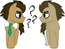 Size: 964x727 | Tagged: safe, artist:kharmacal, derpibooru import, doctor whooves, time turner, earth pony, g4, accessory, clothes, confused, derpibooru exclusive, duo, image, necktie, png, question mark, self paradox, self ponidox