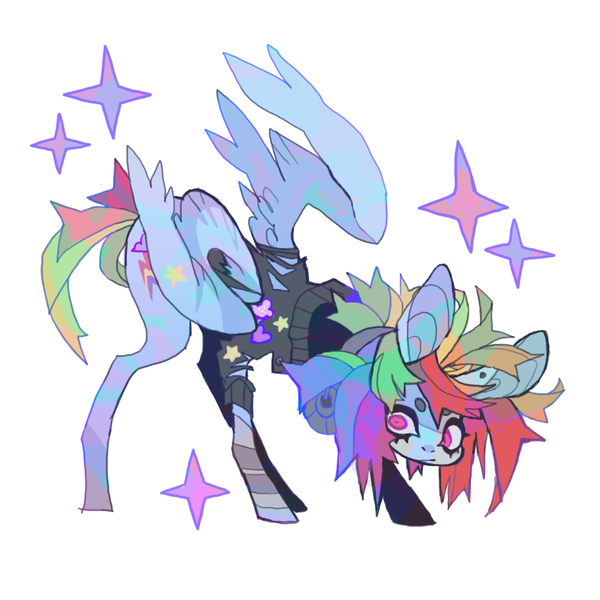 Size: 851x851 | Tagged: safe, artist:cutesykill, derpibooru import, rainbow dash, pegasus, pony, g4, alternate hairstyle, alternate tailstyle, bandage, bandaged, bandaged leg, beanbrows, big ears, blue coat, clothes, colored eyebrows, colored pinnae, colored pupils, eyebrows, eyelashes, female, frown, headphones, hunched over, image, lanky, leaning forward, long legs, looking back, magenta pupils, mare, multicolored hair, multicolored mane, partially open wings, pink eyes, pink pupils, png, rainbow hair, rainbow tail, rectangular pupil, simple background, skinny, solo, sparkles, spiky mane, spiky tail, sweater, tail, tall, thick eyelashes, thin, thin legs, torn clothes, turtleneck, turtleneck sweater, white background, wings