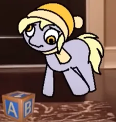 Size: 299x315 | Tagged: safe, artist:tamers12345, derpibooru import, derpy hooves, pegasus, pony, g4, blocks, clothes, door, female, image, indoors, looking at something, mare, my little pony the movie: hearth's warming in manehattan, png, scarf, solo, toy