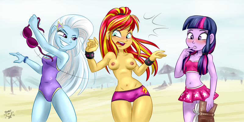 Size: 3200x1600 | Tagged: questionable, artist:ponut_joe, derpibooru import, sunset shimmer, trixie, twilight sparkle, twilight sparkle (alicorn), alicorn, equestria girls, g4, alternate hairstyle, areola, armpits, assisted exposure, attached skirt, beach, belly, belly button, bikini, blue swimsuit, blurry background, blushing, book, bracelet, breasts, busty sunset shimmer, clothes, clothing theft, cutie mark, cutie mark hair accessory, cutie mark on clothes, date (time), embarrassed, embarrassed nude exposure, exhibitionism, eyebrows visible through hair, female, females only, hair tie, hips, holding a book, image, jewelry, midriff, nipples, nudity, one-piece swimsuit, outdoors, partial nudity, pigtails, png, ponytail, public nudity, purple swimsuit, reacting to nudity, reasonably sized breasts, shocked expression, signature, skirt, star printed swimsuit, swimsuit, swimsuit theft, topless, twintails, two-piece swimsuit, wide hips, wristband