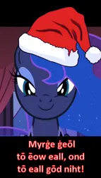 Size: 400x700 | Tagged: safe, artist:yet-one-more-idiot, derpibooru import, screencap, princess luna, alicorn, pony, a royal problem, g4, a visit from st nicholas, christmas, cropped, female, hat, holiday, image, looking at you, mare, my little pony, old english, png, poem, reaction image, santa hat, smiling, solo, twas the night before christmas