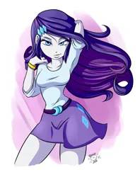 Size: 1736x2192 | Tagged: safe, artist:ponut_joe, derpibooru import, rarity, human, equestria girls, g4, arm behind head, bedroom eyes, bracelet, breasts, busty rarity, clothes, fabulous, female, flying skirt, grin, hair, hairpin, image, jewelry, legs, lips, looking at you, makeup, miniskirt, png, pose, sexy, signature, skirt, smiling, smirk, solo, teenager, thighs, wind, windswept hair, windswept mane