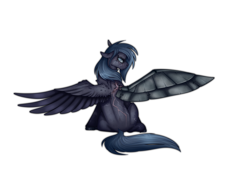 Size: 3000x2300 | Tagged: safe, artist:molars, derpibooru import, oc, oc:sharp shadows, unofficial characters only, pegasus, pony, fallout equestria, amputee, angry, annoyed, artificial wings, ashes town, augmented, blind, blind in one eye, blue mane, colored wings, enclave, facial scar, female, floppy ears, image, injured, lightning bolts, long mane, looking at you, mare, png, prosthetic limb, prosthetic wing, prosthetics, scar, solo, spread wings, two toned wings, wings