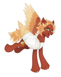 Size: 1615x2048 | Tagged: safe, artist:anemonaii, derpibooru import, oc, oc:golden flare, unofficial characters only, pegasus, pony, bandage, bandaged, bandaged wing, broken wing, brown hooves, bucking, colored eyebrows, colored hooves, colored wings, colored wingtips, commission, cute, feathered wings, freckles, green eyes, grin, hooves, image, injured wing, jpeg, looking at you, neck freckles, nonbinary, nonbinary oc, ocbetes, one wing out, open mouth, open smile, orange mane, orange tail, red coat, shiny hooves, shiny mane, shiny tail, short mane, simple background, smiling, smiling at you, tail, three quarter view, three toned wings, two toned mane, two toned tail, unshorn fetlocks, watermark, white background, wings, yellow wingtips