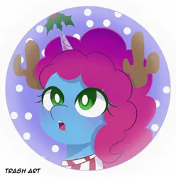 Size: 2028x2048 | Tagged: safe, artist:eltrash_art6, derpibooru import, pony, unicorn, g5, christmas, clothes, cute, fake antlers, female, hairband, holiday, holly, holly mistaken for mistletoe, horn, icon, image, jpeg, mare, misty brightdawn, mistybetes, open mouth, rebirth misty, scarf, simple background, snow, solo, white background