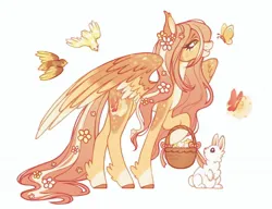 Size: 1620x1246 | Tagged: safe, artist:anemonaii, derpibooru import, part of a set, angel bunny, fluttershy, bird, butterfly, insect, pegasus, pony, rabbit, g4, alternate cutie mark, alternate design, alternate eye color, alternate hairstyle, alternate tailstyle, animal, basket, blaze (coat marking), blush scribble, blushing, brown hooves, coat markings, colored ears, colored hooves, colored pinnae, colored wings, colored wingtips, concave belly, countershading, cute, duo, duo male and female, ear tufts, eyelashes, facial markings, female, flower, flower basket, flower in hair, flower in tail, flower on ear, flowing mane, flowing tail, gradient pinnae, green eyes, hoof hold, hooves, image, jpeg, large wings, leg fluff, lidded eyes, long eyelashes, long legs, long mane, long tail, looking at someone, looking at something, male, mare, mealy mouth (coat marking), partially open wings, pink mane, pink tail, profile, redesign, shyabetes, signature, simple background, slender, smiling, socks (coat marking), solo focus, spots, spotted wings, standing, standing on three hooves, tail, tallershy, thin, thin legs, two toned mane, two toned tail, wavy mane, wavy tail, white background, white wingtips, wings, yellow coat