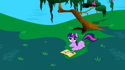 Size: 1920x1080 | Tagged: safe, derpibooru import, screencap, twilight sparkle, pony, unicorn, friendship is magic, g4, book, book of harmony, female, horn, image, mare, my little pony, png, tree, unicorn twilight